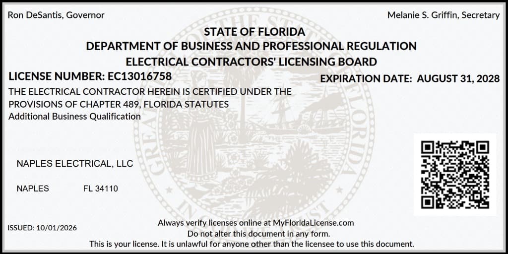 Florida Electrical License EC13016758 - Naples Electrical